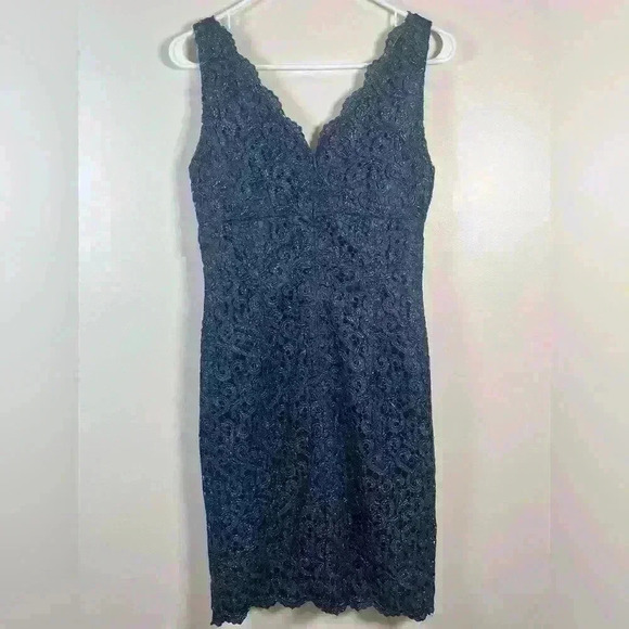 Adrianna Papell Navy Shimmer Embroidered Lace Short Formal Dress Size 4 - Picture 8 of 13